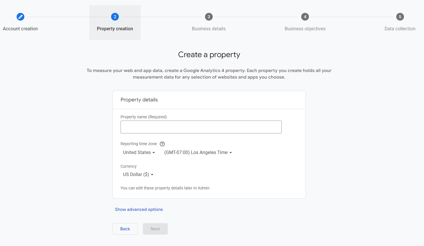 google analytics create a property